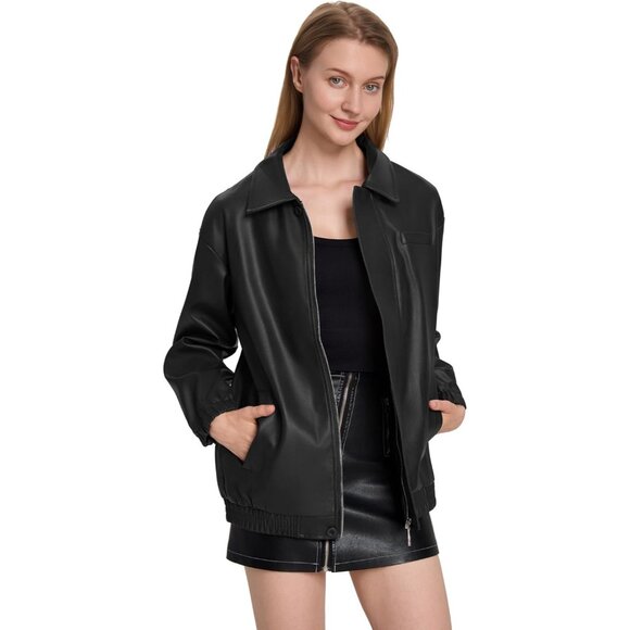Women's Black Faux Leather Zip-Up Jacket with Elastic Cuffs and Collar - Picture 6 of 7